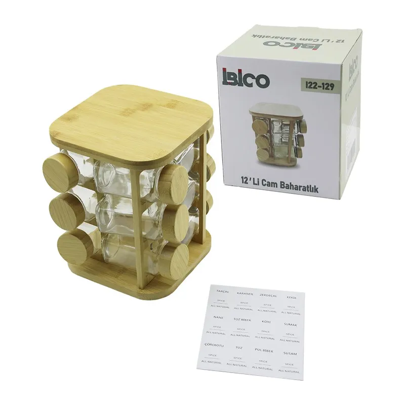 12PCS Kare Döner Standlı Cam - Bambu Kapak Tuzluk - Baharatlık Bambu Stand