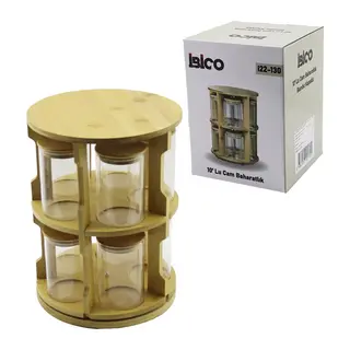 10 Pcs Yuvarlak - Döner Standlı Cam - Bambu Kapak Tuzluk - Baharatlık Bambu Stand