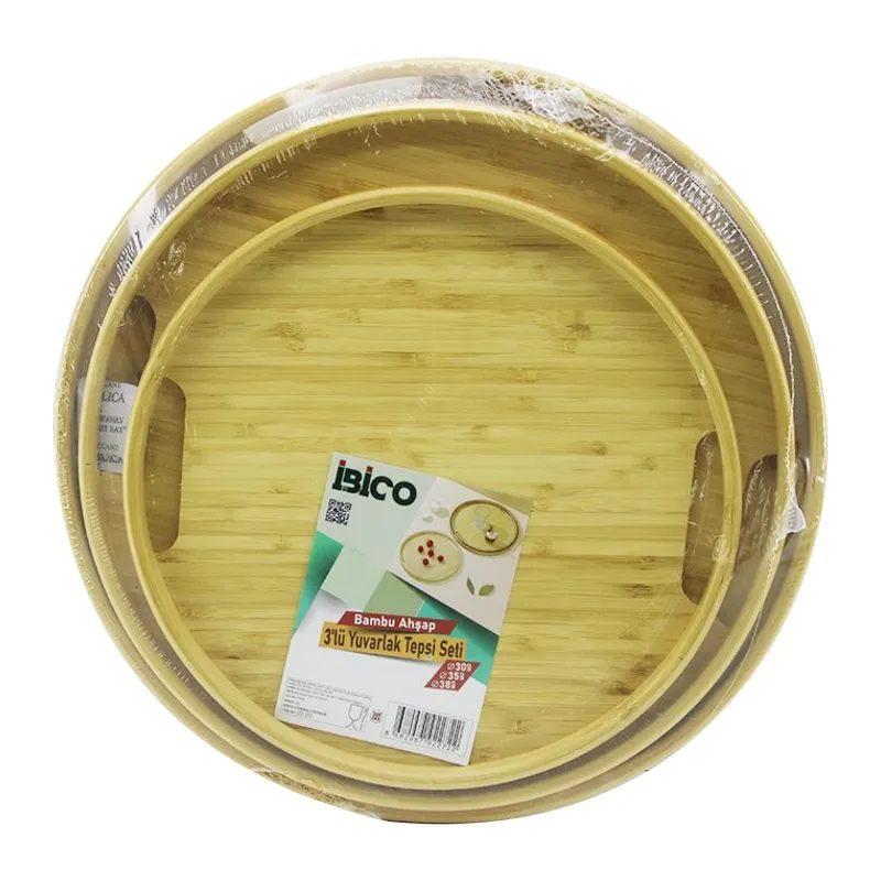 Yuvarlak - 3 Boy Bambu Ahşap Tepsi Seti 30-35-38CM