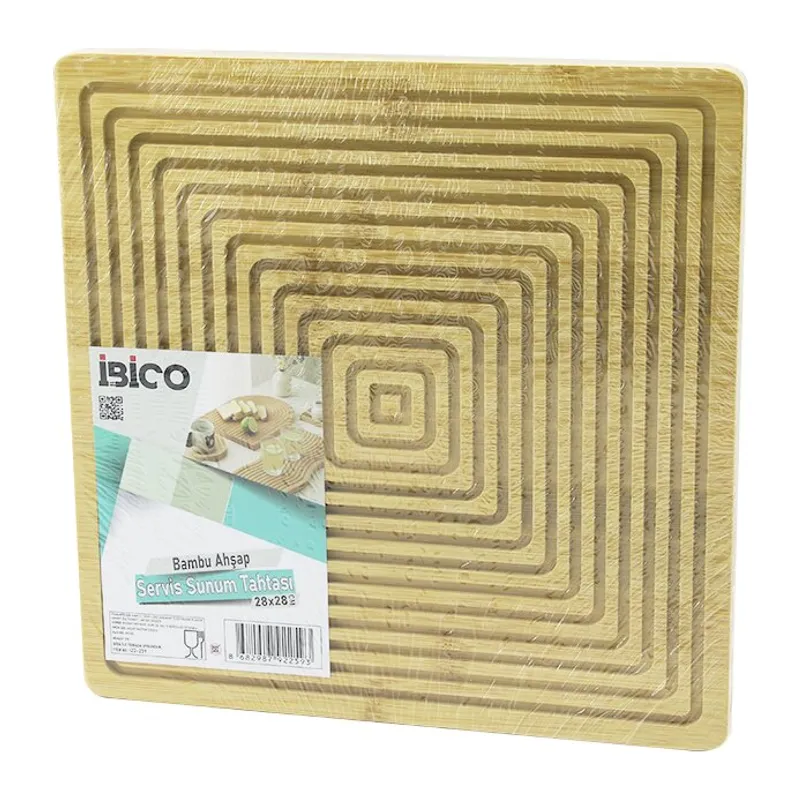 Kare Çift Taraflı=düz - Kanallı Ahşap Bambu Sunum Tepsi 28X28CM