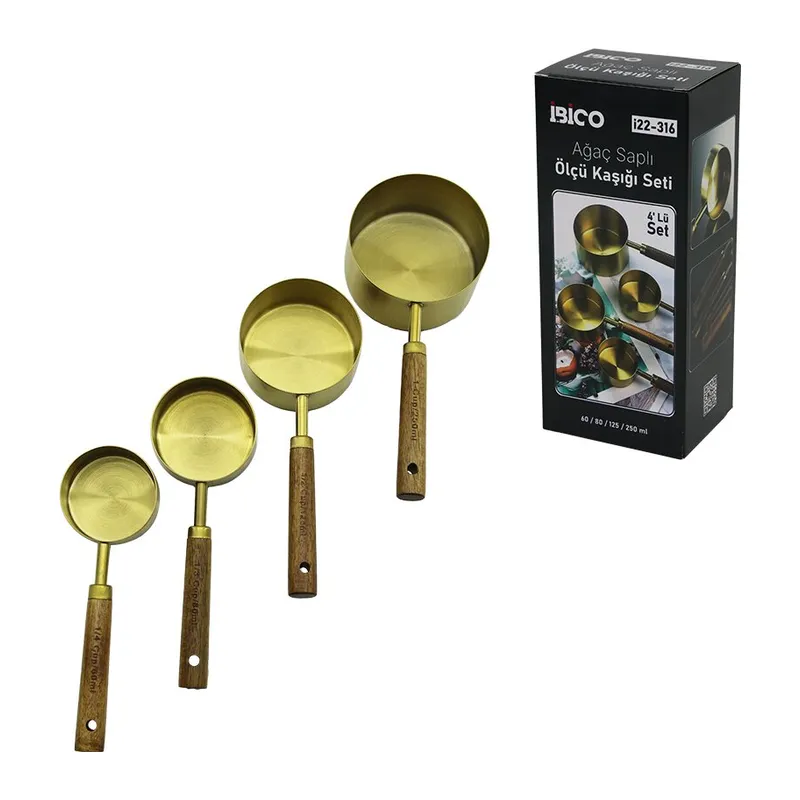 4 Pcs Gold Metal Ölçü Kaşık Seti Otantik Ağaç Kulp 250ML - 125ML - 80ML - 60ML