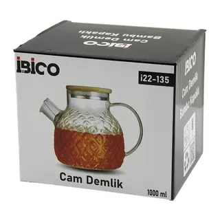 1000ML Abartma Desen Cam Demlik Bambu Dış Yüzey - Metal İç Yüzey - Silikon Contalı Kapak