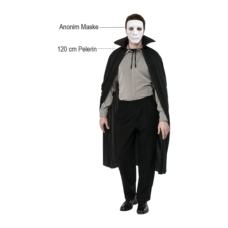 Siyah Renk Yakalı 120 cm Pelerin ve Beyaz Anonim Maske