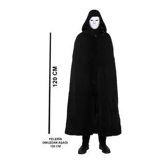 Siyah Kapüşonlu 120 cm Pelerin ve Beyaz Boyanabilir Tam Yüz Maske