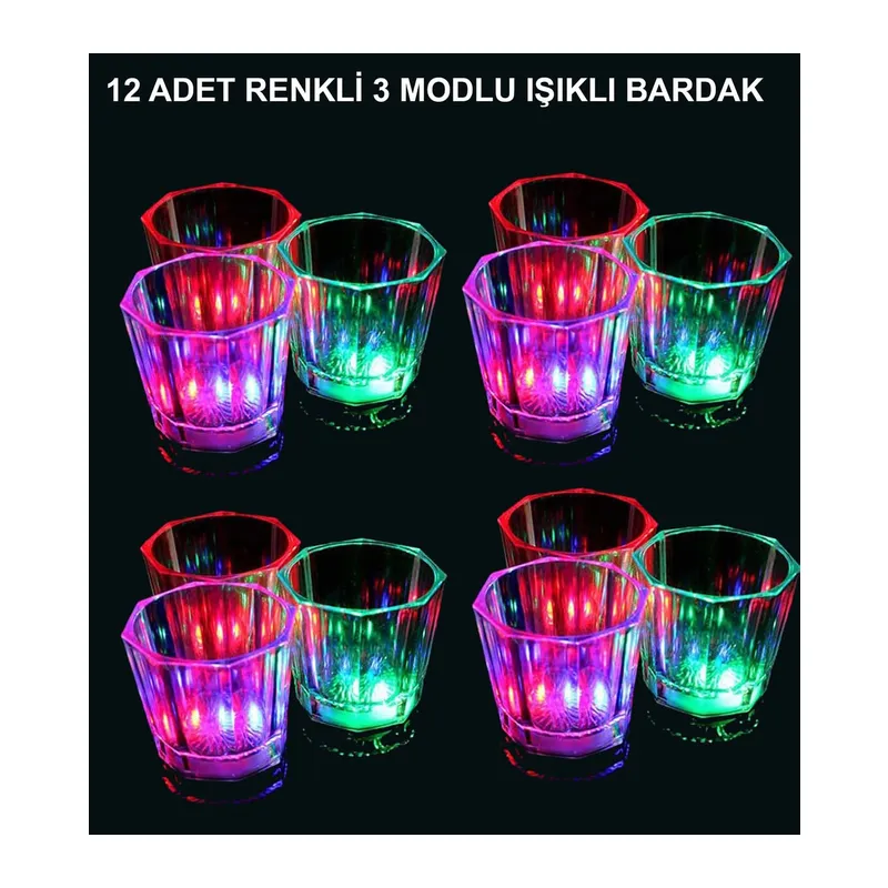 LED Işıklı Eğlence Bardakları - 3 Modlu Renk Değiştiren Bardak 12 Adet