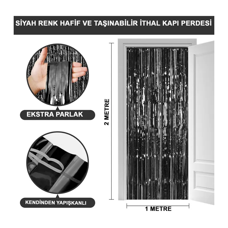 Siyah Renk Ekstra Metalize Parlak Saçaklı Arka Fon Perde İthal A Kalite 1x2 Metre