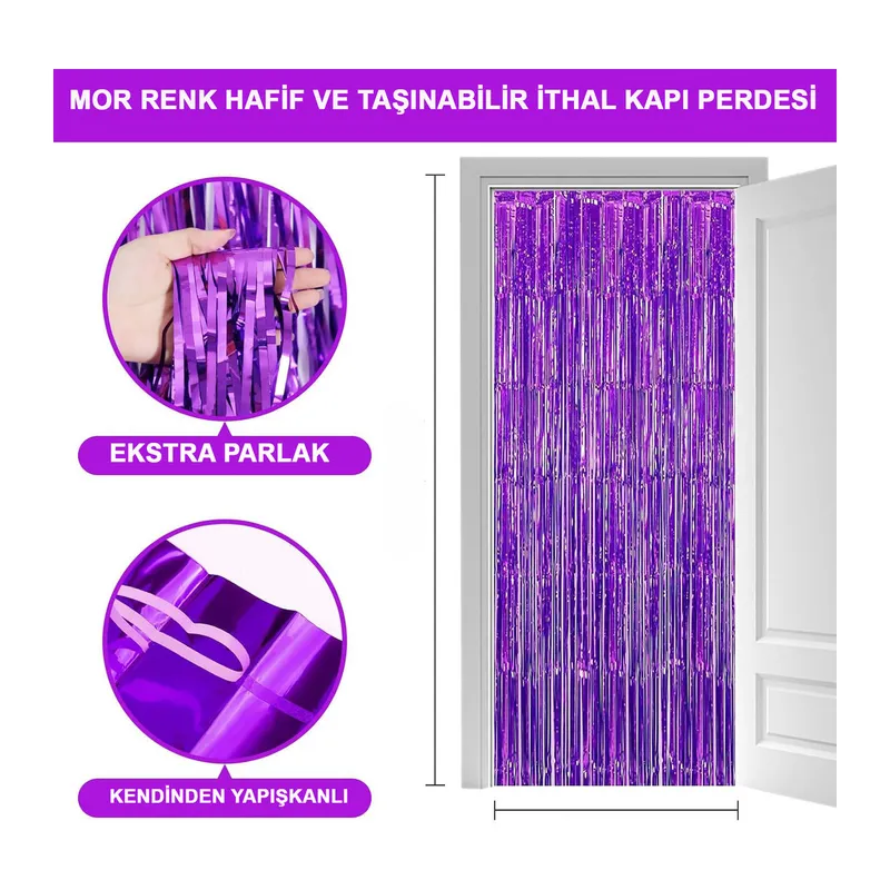 Mor Renk Ekstra Metalize Parlak Saçaklı Arka Fon Perde İthal A Kalite 1x2 Metre
