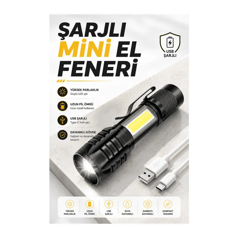 El Feneri Led USB Şarjlı Zoom Mini Led Işık Acil Durum Feneri