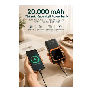 20.000 mAh Taşınabilir Şarj Cihazı Dijital Göstergeli Kablolu Powerbank