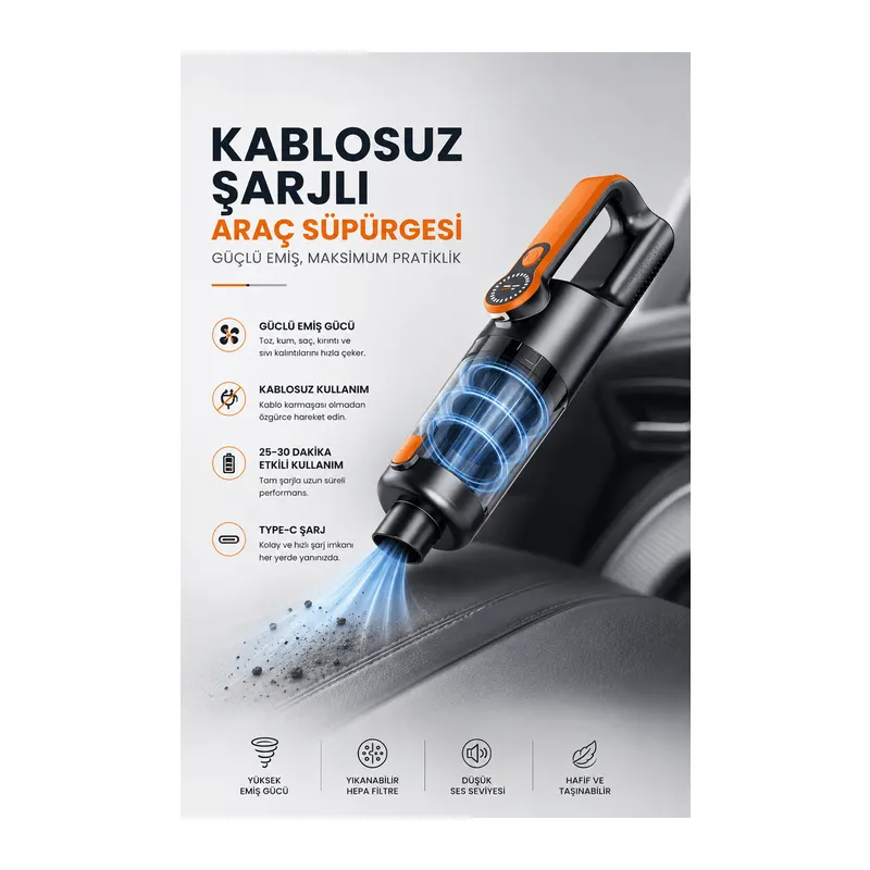 Kablosuz Şarjlı Araç ve Ev Tipi El Süpürgesi