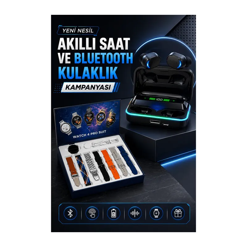 Powerbank Bluetooth Kulaklık Ve Akıllı Saat 7 Kordonlu Metal Kordon Plastik Kordon
