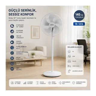 Beyaz 5 Pervane - 18 Inc Ev - Ofis Kompakt - Sessiz - Üç Kademe 140CM Yükseklik Ayaklı Vantilatör SF-6798
