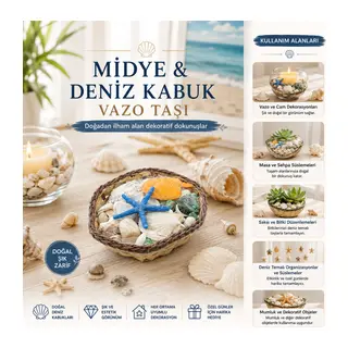 Küçük - Kare - Ahşap Sepetli Renkli Mix Midye - Deniz Kabuk Vazo Taşı
