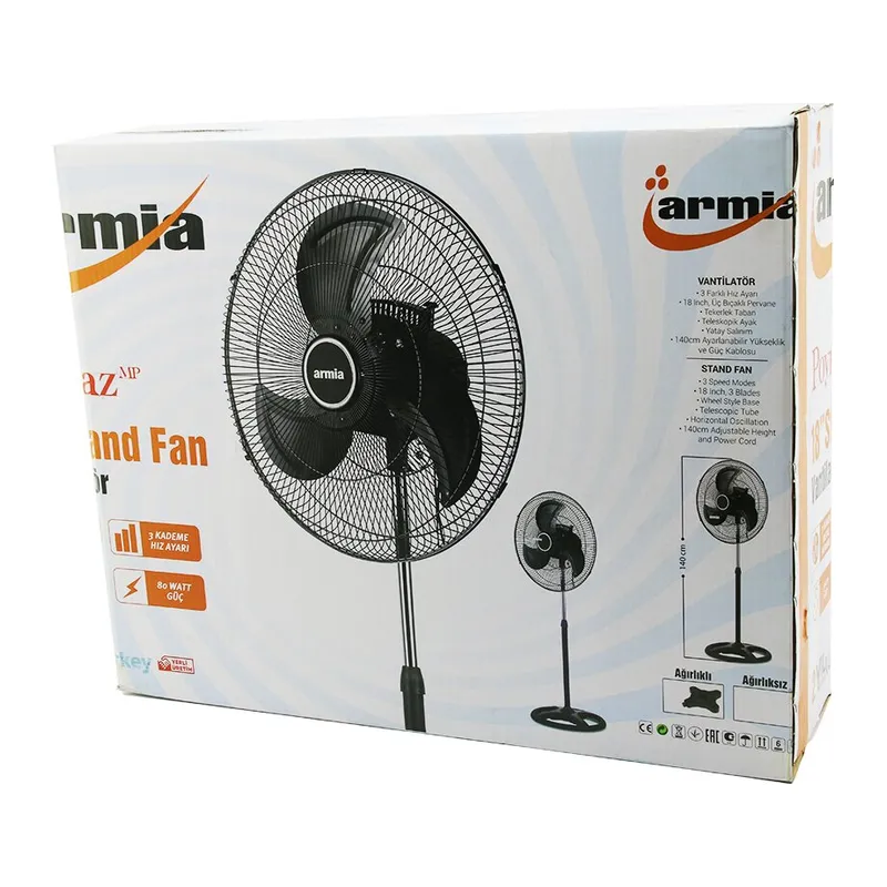 18 İnç Sanayi Vantilatör 3 Metal Kanat: ÇAP:56CM - Y: 140CM - 3 Kademe Hız 80W