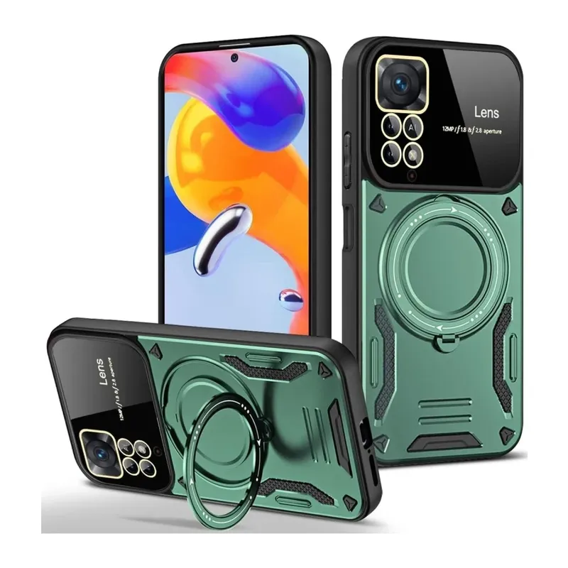 Xiaomi Redmi Note 11 Pro Kılıf Joy Lens Standlı Kapak - Koyu Yeşil