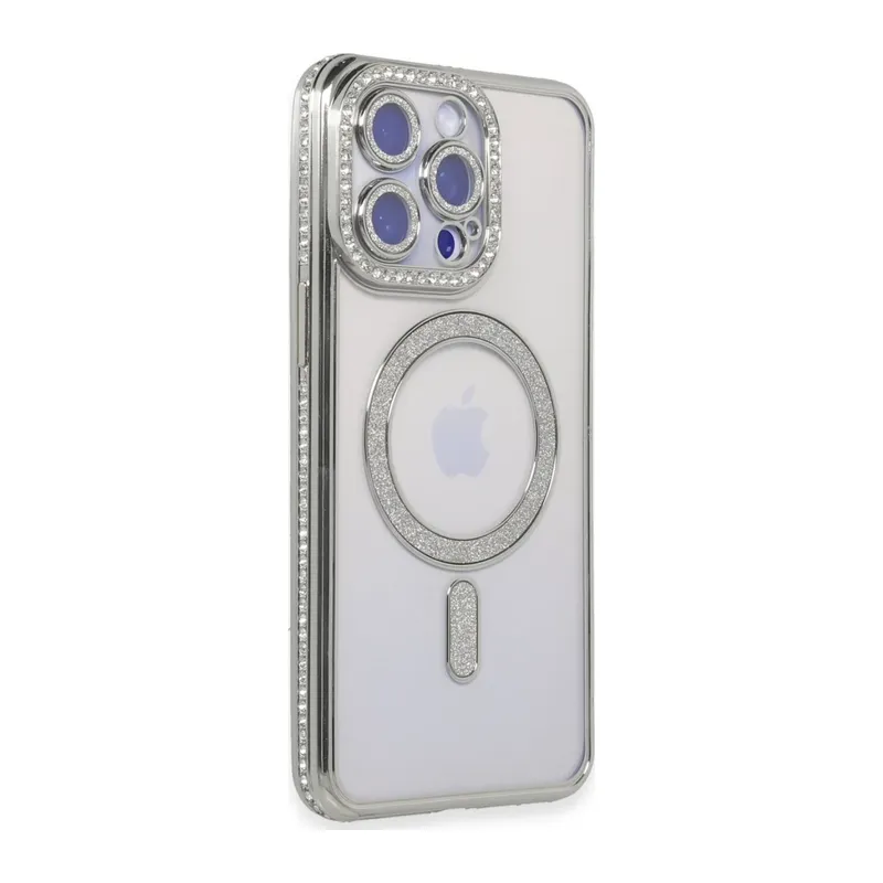 Apple iPhone 15 Pro Max Kılıf Joke Simli Magneticsafe Kılıf - Gümüş