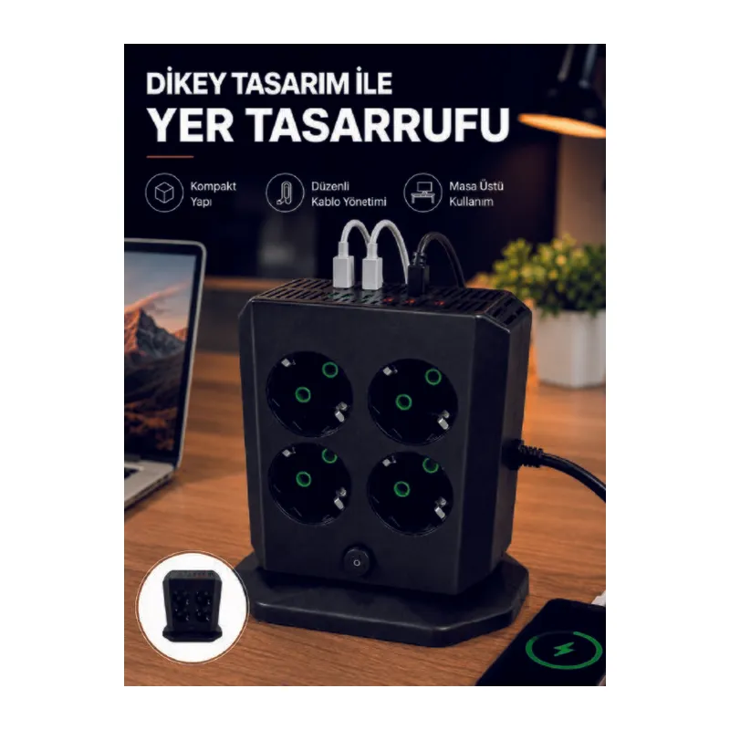 Dikey Priz Kulesi 8 AC Priz 4 USB 2 Type-C Çocuk Korumalı Güç Dağıtıcı