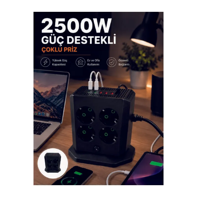 Çoklu Priz 8 Çıkışlı 4 USB 2 Type-C Anahtarlı Dikey Priz Kulesi