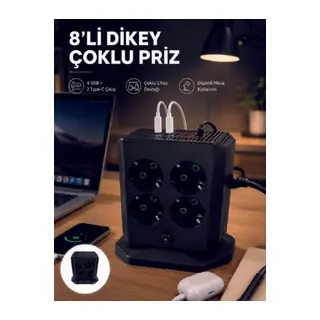 8'li Dikey Çoklu Priz 4 USB 2 Type-C Girişli Akım Korumalı Uzatma Prizi