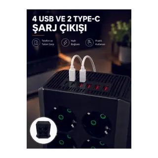 8'li Dikey Çoklu Priz 4 USB 2 Type-C Akım Korumalı Anahtarlı Priz