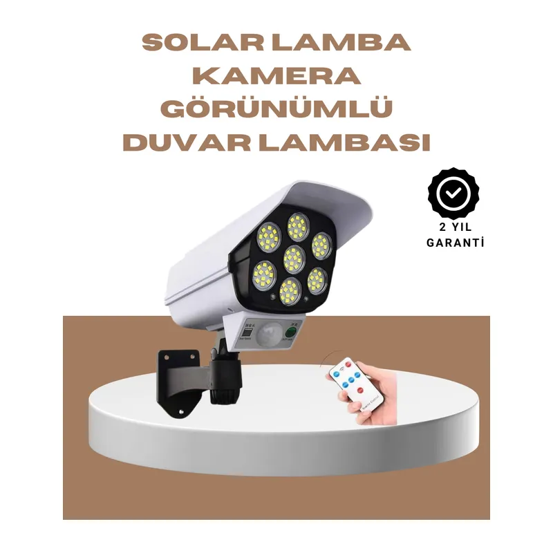 Güneş Enerjili LED Lamba + Güvenlik Kamerası Görünümlü– 5-8 m Hareket Algılamalı, Beyaz Işık