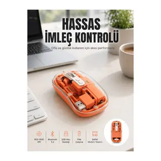 Bluetooth ve USB Destekli Kablosuz Şeffaf Mouse Sessiz Kullanım Yeni Nesil