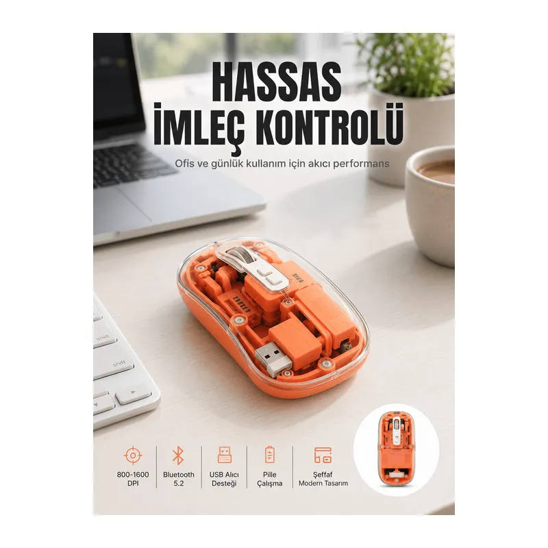 Bluetooth ve USB Destekli Kablosuz Şeffaf Mouse Sessiz Kullanım Yeni Nesil