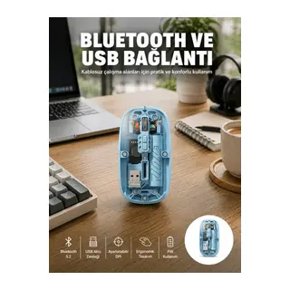Bluetooth 5.2 Destekli Mavi Pilli Kablosuz Mouse Yeni Nesil