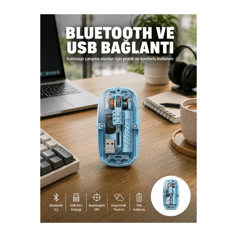 Bluetooth 5.2 Destekli Mavi Pilli Kablosuz Mouse Yeni Nesil