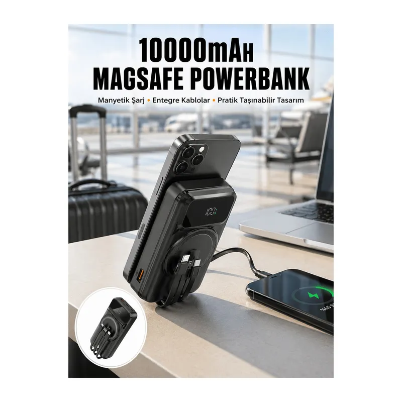 15W Kablosuz Hızlı Şarjlı 10000 mAh Powerbank – Taşınabilir, LED Göstergeli