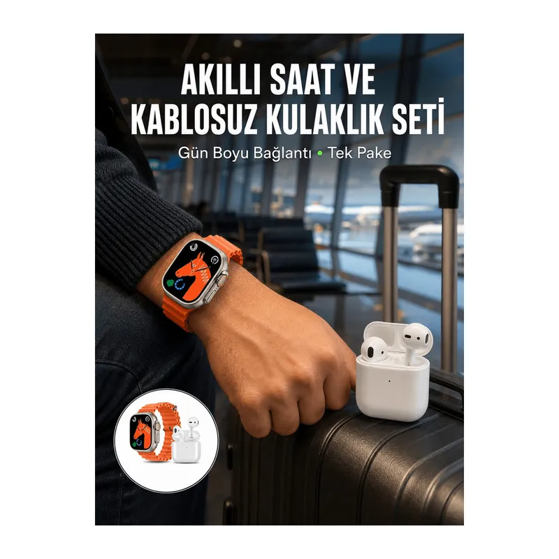 Watch 9 Max Akıllı Saat Seti 2 Kordonlu Kablosuz Kulaklık Hediyeli Yeni Nesil