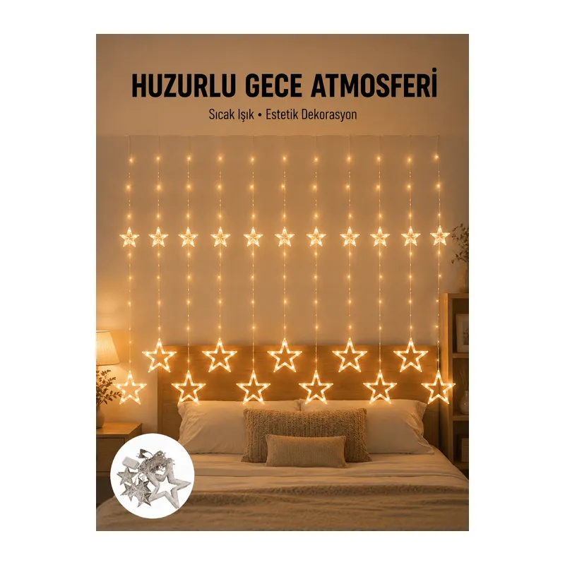 Yıldız Desenli Perde Tipi Peri Led 3x3 Metre Aydınlatma Yeni Nesil