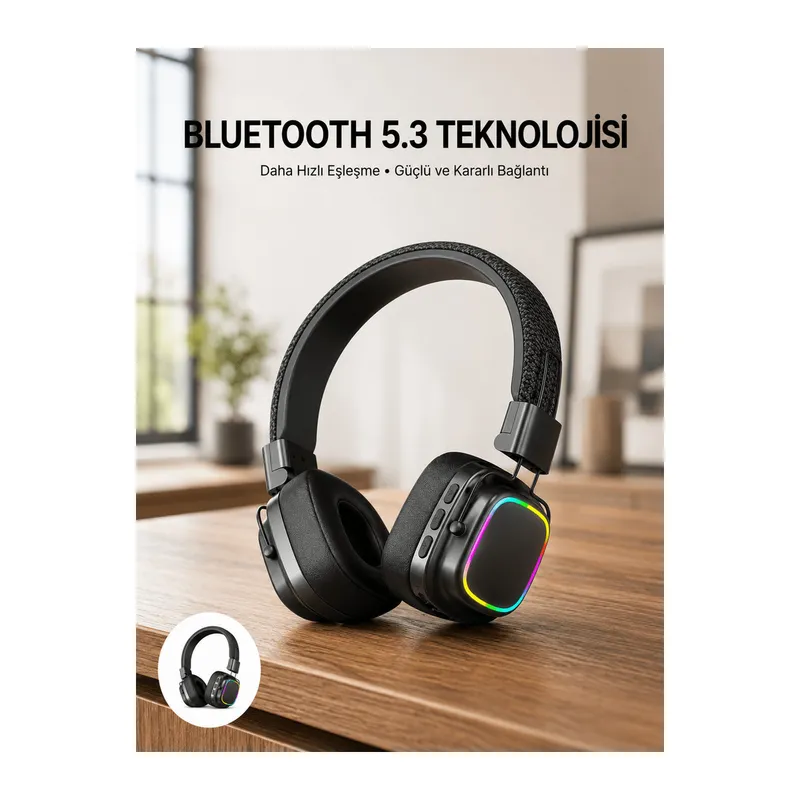 Renkli Işık Efektli Bluetooth 5.3 Müzik Kulaklığı Yeni Nesil