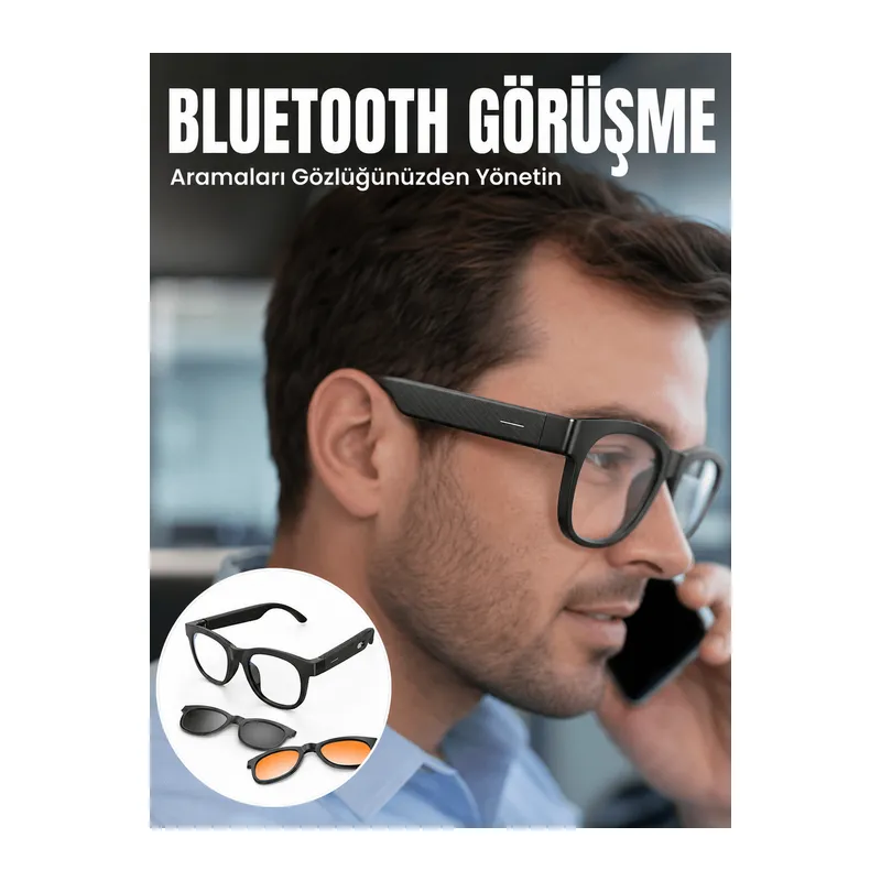 Yapay Zekâ Destekli Kablosuz Akıllı Gözlük Bluetooth Görüşme Müzik Dinleme ve Manyetik Şarj Özellikli
