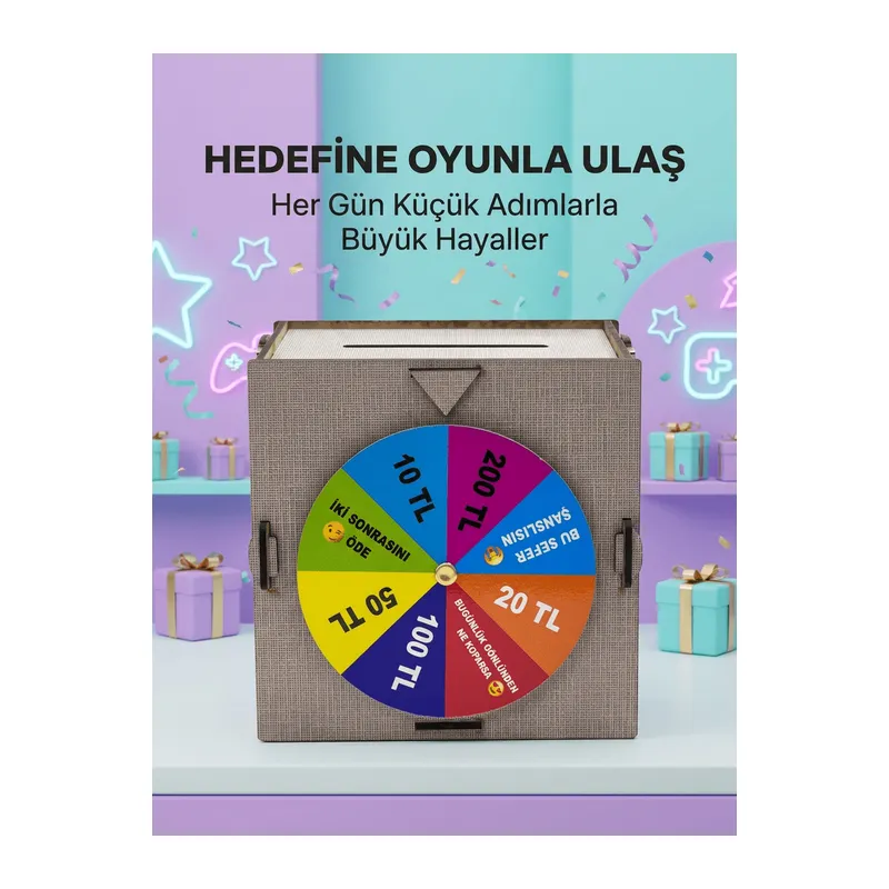 Şans Çarklı Hediyelik Tasarruf Kutusu Eğlenceli Para Biriktirme Oyun Dekoratif Ahşap Kumbara