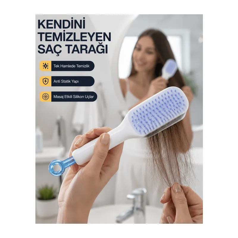 Kendini Temizleyen Ergonomik Saç Tarağı – ABS Gövde, Silikon Diş