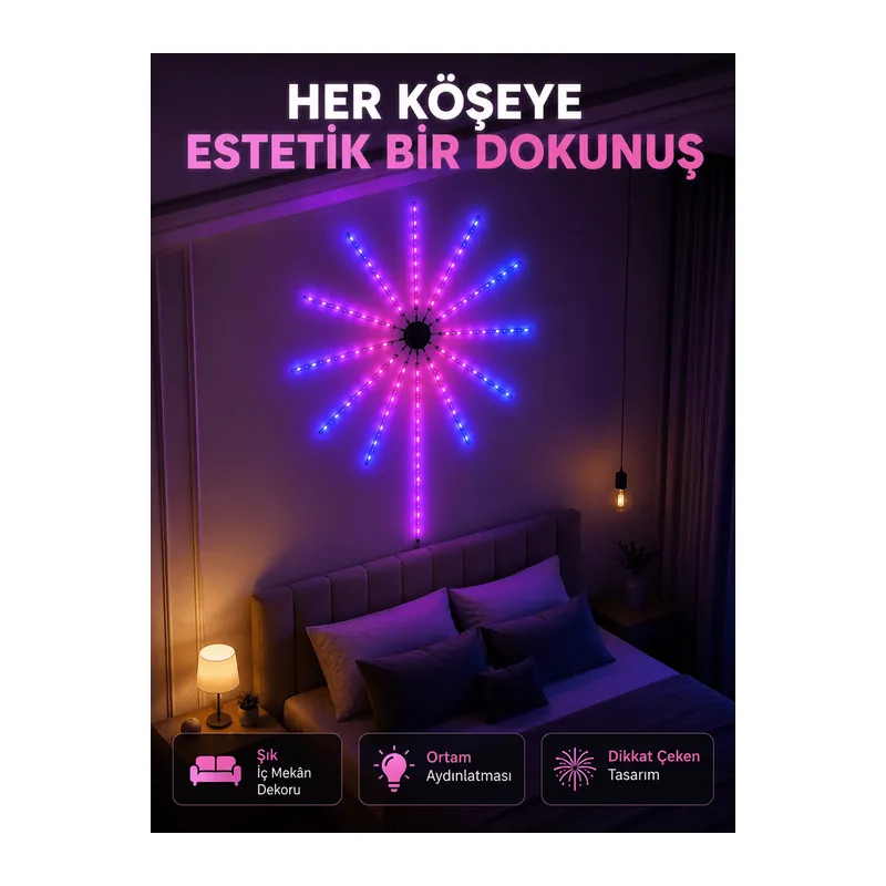 Telefon Kontrollü RGB Fireworks LED Işık Çok Renkli Dekoratif Duvar Lambası