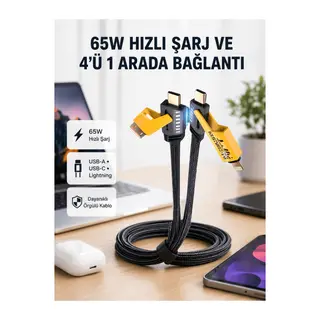 USB-C USB-A 4’ü 1 Arada Örgülü Kablo 65W Hızlı Şarj Metal Uç Dayanıklı