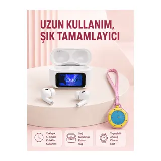 Ekranlı Kablosuz Kulaklık ve Pembe Çanta Charm Saat Kampanya Seti