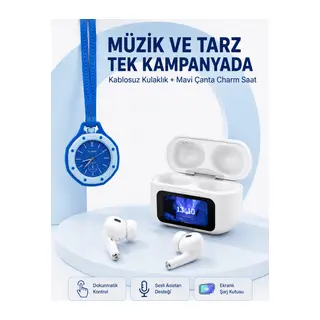 Ekranlı Kablosuz Kulaklık ve Mavi Çanta Charm Saat Kampanya Seti