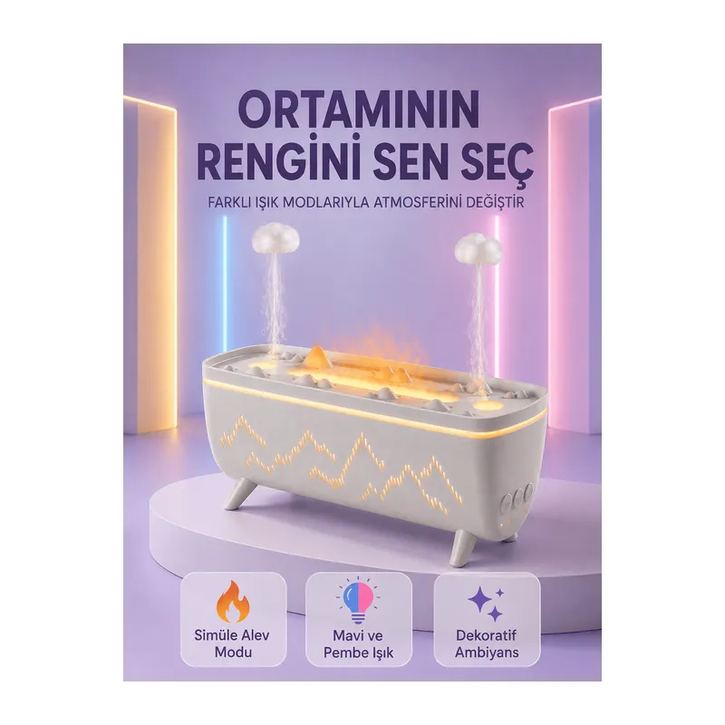 Yağmur Efektli Hava Nemlendirici 280 ML Aromaterapi Difüzörü Alev Modlu Uzaktan Kumandalı