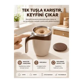 Manyetik Karıştırıcı Kupa USB Şarjlı Otomatik Karıştırma Çift Katmanlı