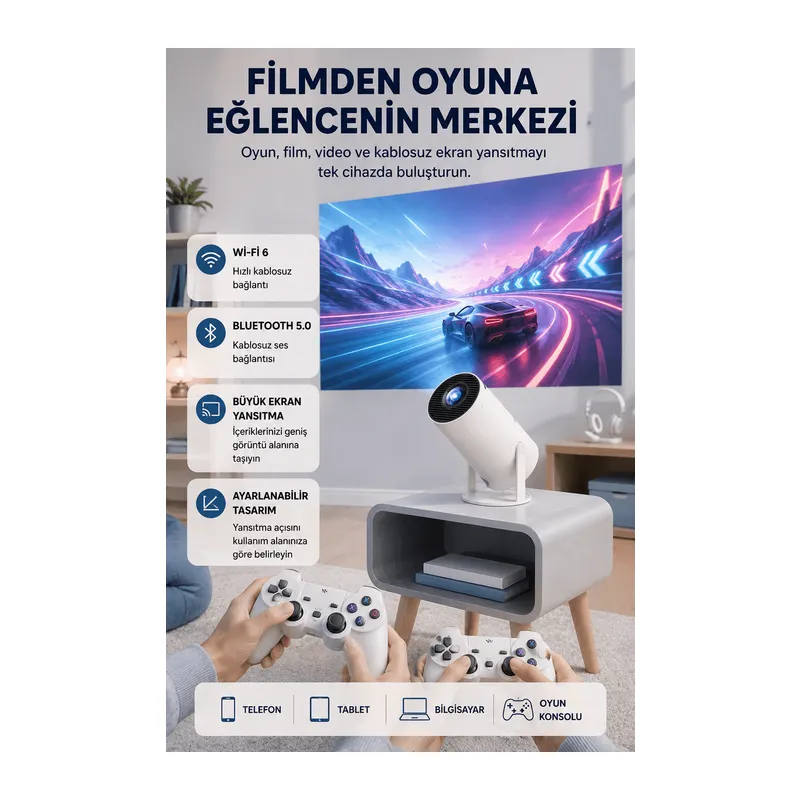 Taşınabilir Projeksiyon Cihazı 4K Destekli Wi-Fi Kablosuz Ekran Yansıtma