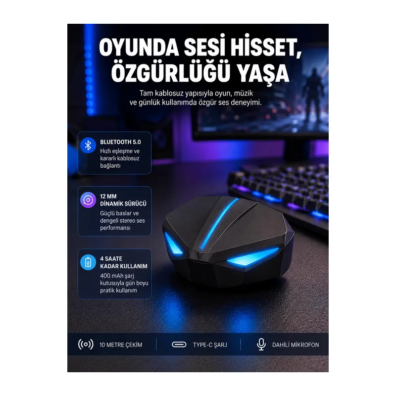 Tam Kablosuz Oyuncu Kulaklığı 5.0 Bluetooth LED Kontrollü Yeni Nesil