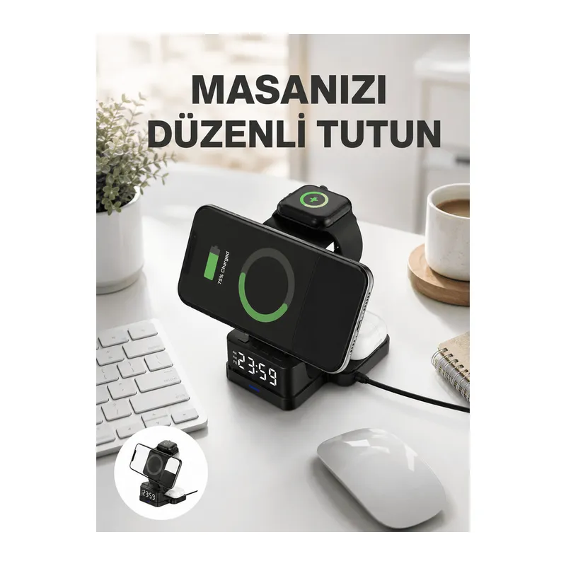 Dijital Saatli Kablosuz Şarj İstasyonu – 3’ü 1 Arada Uyumlu Hızlı Şarj ve LED Ekran Yeni Nesil