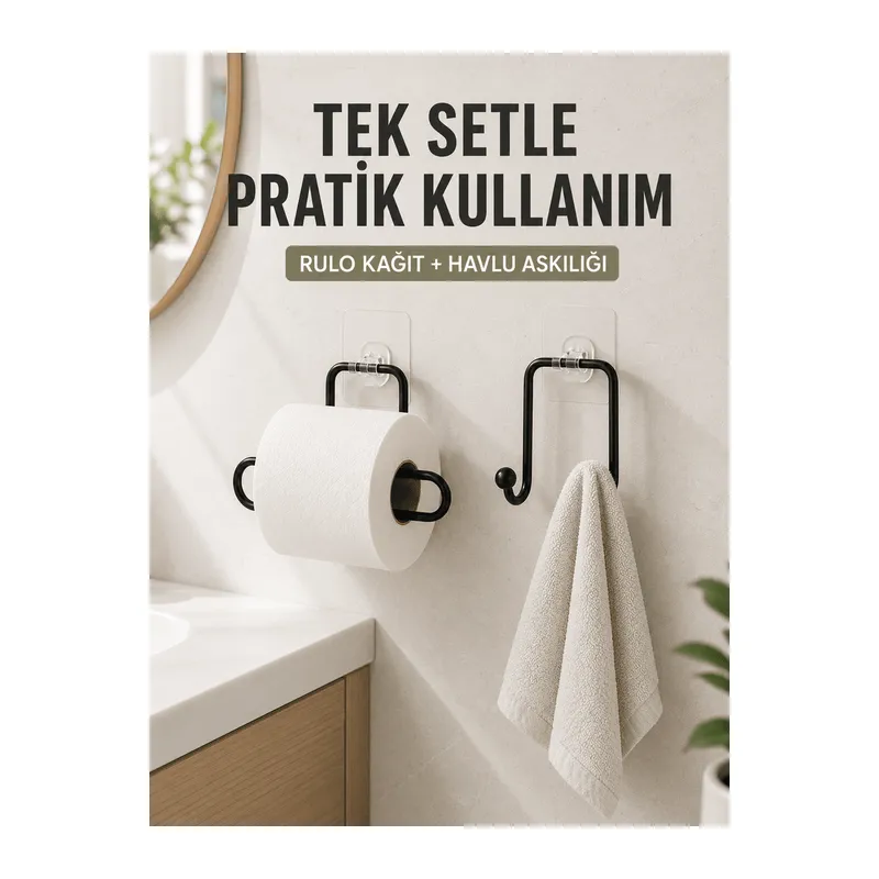 Banyo ve Mutfak İçin Yapışkanlı Havlu Askılığı ve Rulo Kağıt Tutucu Set