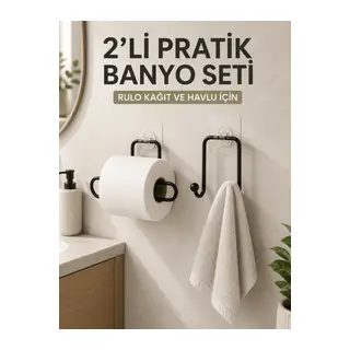 2’li Yapışkanlı Banyo Düzenleme Seti Rulo Kağıt Tutucu ve Havlu Askılığı