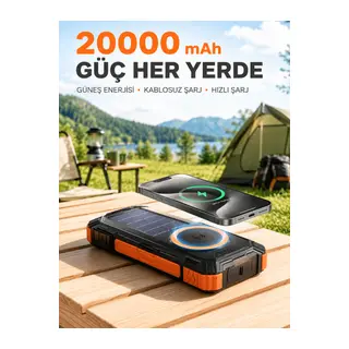 20000 mAh Powerbank Güneş Enerjili Kablosuz Şarj Hızlı Şarj Taşınabilir Batarya