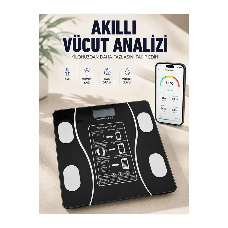 Akıllı Vücut Analiz Baskülü Bluetooth Bağlantılı 4 Sensörlü LCD Ekranlı Dijital Tartı