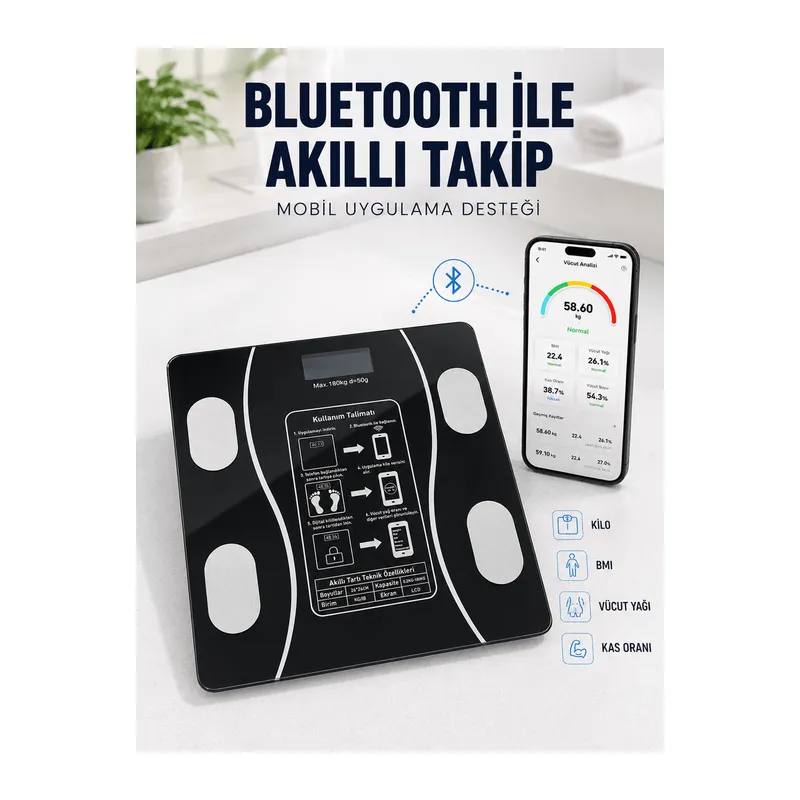 Akıllı Cam Baskül Bluetooth Mobil Uygulamalı Vücut Analiz Tartısı 180 Kg LCD Ekran